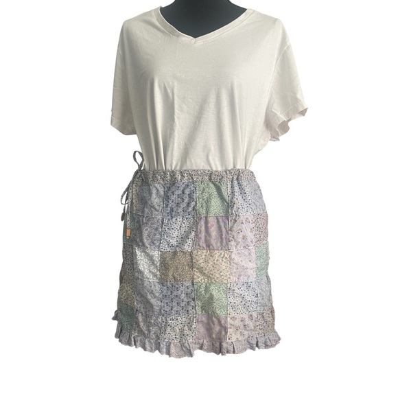 Blue Sky Womens Patchwork Skirt Mini Floral Blue Colorful Tie Waist Pocket Sz S - Picture 8 of 8